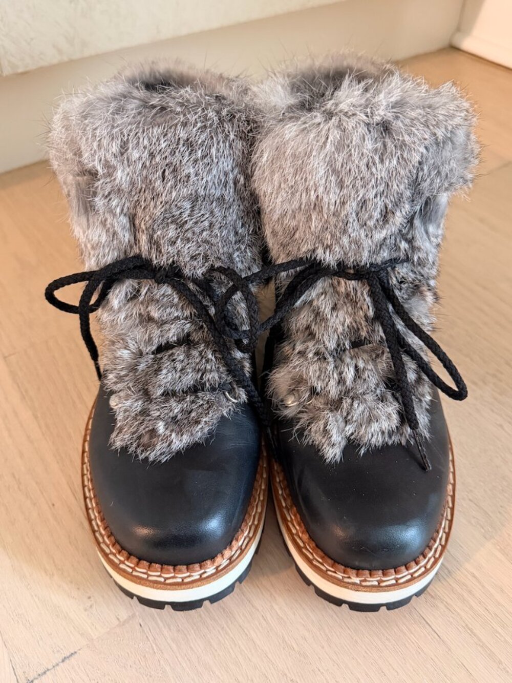 Black Montelliana Leather Fur Trim Hiking Boots